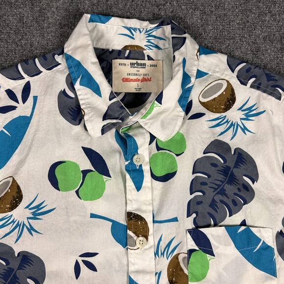 Urban Pipeline Shirt Mens Large White Blue Green Coconut Leaf Print Button Up - Picture 2 of 7